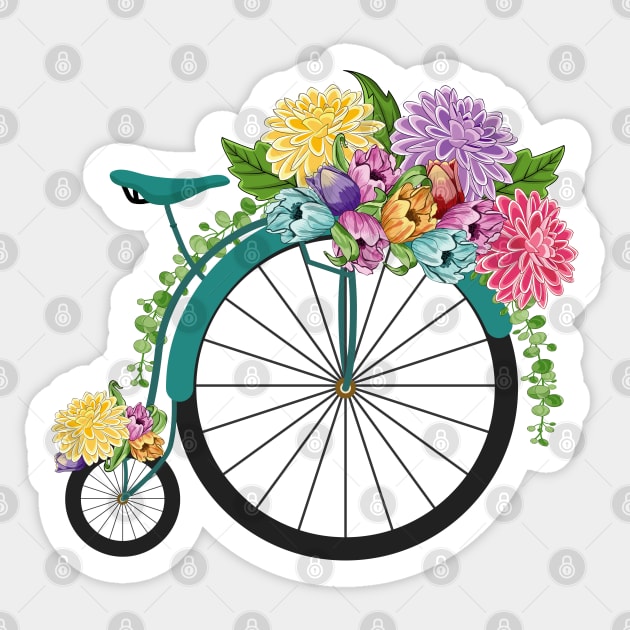 Vintage Floral High Wheel Bicycle - Spring Flowers Sticker by Designoholic